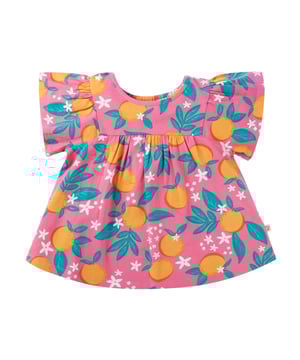 Beautiful top made with our lightweight organic cotton stretch jersey. Includes gathered chest and sleeve detail to create a fluted shape. Elasticated back neck for easy over the head dressing. GOTS Organic Certified by Soil Association Certification Licence Number DK22283