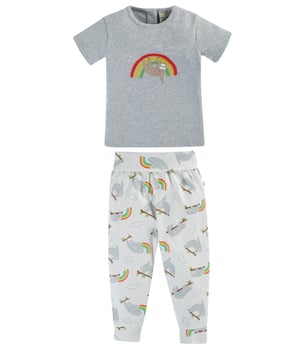 2 piece outfit including a short sleeved top with character applique with comfy cuffed pull ups with a folded waistband..-	GOTS Organic Certified by Soil Association Certification Licence Number DK22283