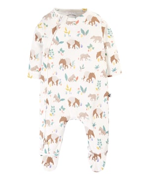 Footed babygrow with kimono style front opening for easy dressing. Features integral fold-back scratch mitts (up to 12M) and centre front popper fastening with helpful guide popper.GOTS Organic Certified by Soil Association Certification Licence Number DK22283. Part of the Frugi circular Recycle Me! Range, this garment can be recycled once it comes to the end of it's usable life