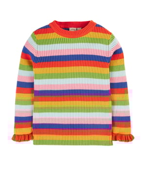Organic cotton knitted rib jumper with lettuce finish at the sleeve. GOTS Organic Certified by Soil Association Certification Licence Number DK22283. Part of the Frugi circular Recycle Me! Range, this garment can be recycled once it comes to the end of it's usable life.