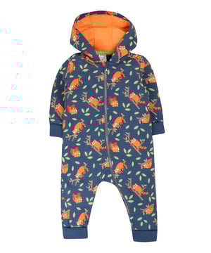 Printed brushback snuggle suit with rib cuffs, jersey lined hood and centre front zip fastening. GOTS Organic Certified by Soil Association Certification Licence Number DK22283. Part of the Frugi circular Recycle Me! Range, this garment can be recycled once it comes to the end of it's usable life.