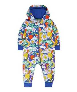 Printed brushback snuggle suit with rib cuffs, jersey lined hood and centre front zip fastening. GOTS Organic Certified by Soil Association Certification Licence Number DK22283. Part of the Frugi circular Recycle Me! Range, this garment can be recycled once it comes to the end of it's usable life.