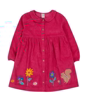 Long sleeve corduroy, peter pan collared dress with full button front fastening .GOTS Organic Certified by Soil Association Certification Licence Number DK22283