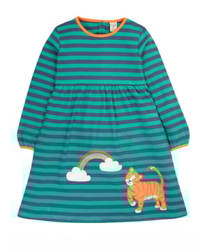Printed interlock dress with applique detail. Popper fastening at back neck for easy dressing. GOTS Organic Certified by Soil Association Certification Licence Number DK22283