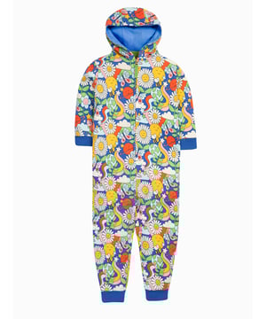 All over printed brushback snuggle suit with hood and zip fastening. GOTS Organic Certified by Soil Association Certification Licence Number DK22283. Part of the Frugi circular Recycle Me! Range, this garment can be recycled once it comes to the end of it's usable life.