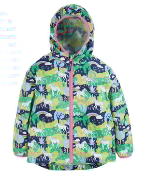 Waterproof jacket with fully taped seams, side pockets and reflective prints. Packs away into its own pocket. Made from recycled bottles. Waterproof rating 3000HH. PFC free durable water repellent finish