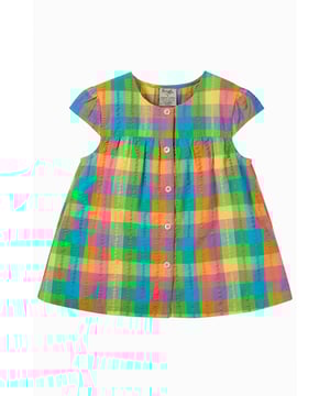 Gingham Seersucker top featuring button front fastening, pretty gathers at front and back and a gathered cap sleeve. GOTS Organic Certified by Soil Association Certification Licence Number DK22283