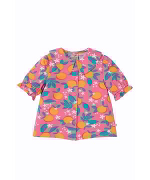 Beautiful top made with our lightweight organic cotton stretch jersey. Features oversized peter pan collar, gathered sleeve detail and button front fastening. GOTS Organic Certified by Soil Association Certification Licence Number DK22283
