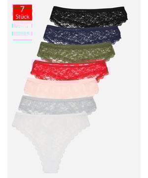 Details


	Damen 7er-Pack Strings von Tazzio
	Bequeme Slips &amp; weiches Tragegefühl
	Optimaler Tragekomfort &amp; erstklassiger Sitz
	Elastische Abschlüsse an Taillen- und Beinausschnitten
	Elastisches Baumwollmaterial für einen bequemen Halt
	Set aus verschiedenen Farben
	Hochwertige und softe Qualität


Passform


	
Passform: Sehr eng
	
Schnitt: Figurbetont
	
Leibhöhe: Normal


Material &amp; Pflege


	
Material Oberstoff: 95% Baumwolle, 5% Elasthan. Spitze: 95% Polyester, 5% Spandex
	
Materialkonstruktion: Spitze
	
Pflegehinweise: Maschinenwäsche