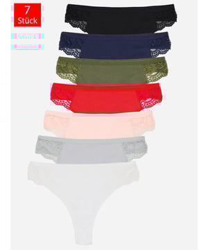 Details


	Damen 7er-Pack Strings von Tazzio
	Bequeme Slips &amp; weiches Tragegefühl
	Optimaler Tragekomfort &amp; erstklassiger Sitz
	Elastische Abschlüsse an Taillen- und Beinausschnitten
	Elastisches Baumwollmaterial für einen bequemen Halt
	Set aus verschiedenen Farben
	Hochwertige und softe Qualität


Passform


	
Passform: Sehr eng
	
Schnitt: Figurbetont
	
Leibhöhe: Normal


Material &amp; Pflege


	
Material Oberstoff: 95% Baumwolle, 5% Elasthan. Spitze: 95% Polyester, 5% Spandex
	
Materialkonstruktion: Spitze
	
Pflegehinweise: Maschinenwäsche