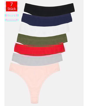 Details


	Damen 7er-Pack Strings von Tazzio
	Bequeme Slips &amp; weiches Tragegefühl
	Trendige Ripp-Struktur
	Optimaler Tragekomfort &amp; erstklassiger Sitz
	Elastische Abschlüsse an Taillen- und Beinausschnitten
	Elastisches Baumwollmaterial für einen bequemen Halt
	Set aus verschiedenen Farben
	Hochwertige und softe Qualität


Passform


	
Passform: Sehr eng
	
Schnitt: Figurbetont
	
Leibhöhe: Normal


Material &amp; Pflege


	
Material Oberstoff: 95% Baumwolle, 5% Elasthan
	
Materialkonstruktion: Ripp
	
Pflegehinweise: Maschinenwäsche