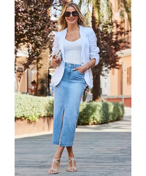 Summer's most-wanted skirt
Made from our signature soft stretch denim
Cool light blue wash
On-trend split detail midi hem
Sits high on the waist for a flattering fit
Tuck in tees, camis, cardigans and going-out tops