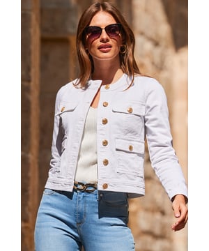 You'll wear it with everything
That collarless neckline is so chic
Statement gold buttons for a luxe touch
Made from the softest stretch denim
Do double denim with blue jeans
Throw over a printed summer dress