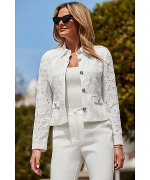 When the jacket IS the outfit Cut for a chic boxy fit Crafted from dreamy delicate lace  Sparkling diamante buttons make it extra special Just add jeans Style with jewelled heels for added sparkle