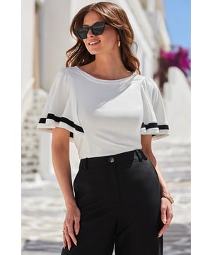 Your not-so-basic basic Crafted from soft and drapey jersey Kimono sleeves for a statement silhouette Elevated with chic contrast monochrome pipingTuck into tailored trousers fo the 9-5Just add denim on weekends