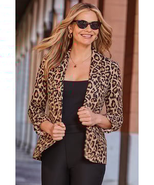 Shake up your tailoring Cut for a cool, relaxed fit Framed by a chic shawl collarRoll sleeve detail for smart-casual chic Linen looks even better in leopard printStyle with the matching trousers or shorts for maximum impact