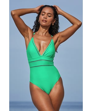 Your passport to poolside perfectionSeriously sexy plunging V-neckline and cut out detailAdjustable straps for the perfect fitElevated with luxe gold chain trimsIt's cut to flatterAccessorise with oversized sunnies and a straw hat