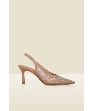 Step into the spotlight Trending mesh fabric sprinkled with sparkling diamantes Adjustable slingback strap for the perfect fit Designed with a sleek pointed toe silhouette Nude hue = endless styling options Dial up the glamour for special occasions or style with jeans and a nice top