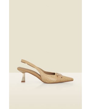 Summer's chicest shoes Crafted from summer-ready raffia Effortlessly elegant pointed toe slingback silhouette Set on a statement (but so wearable) low gold heel Elevated with a luxe gold snaffle detail Style with everything from white jeans to summer occasion dresses