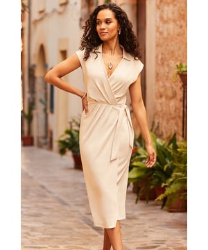 It's giving effortless chic Framed by an elegant collar neckline Nothing flatters like a wrap dress Figure-enhancing tie detail and gathered waist Add courts for the officeGoing out? Dress it up with strappy heels and a chic clutch
