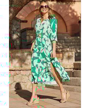 Feel-good vibes guaranteed Floaty, throw-on silhouette Framed by a tie neckline and blouson sleeves Cinched at the waist with a statement wooden buckle belt Falls to a swishy, tiered midaxi hem Just add espadrilles