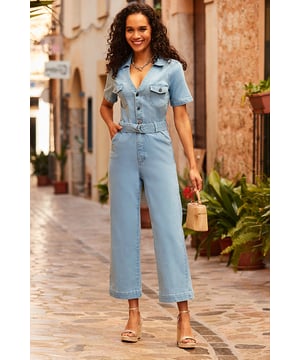 All of the impact, none of the effort Soft denim with the perfect amount of stretch Figure-hugging button-front bodice framed by a chic collar neckline Hits the sweet spot between stylish and comfy Cinched at the waist with a statement buckle belt Cropped wide-leg cut looks great with sandals, trainers, heels or boots Inside leg to fit: Short 29" | Regular 31" | Long 33"