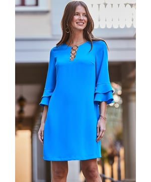 That colour looks great on you Chic-but-comfy body-skimming shift styleElevated with a luxe gold ring detail neckline Framed by the dreamiest double ruffle sleeves Wear it for special occasions or summer holidays From flat sandals to statement heels, any shoe goes