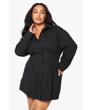 Crafted from lightweight poplin fabric for all-day comfort and breathability
        Featuring a flattering cinched waist design that creates a feminine silhouette
        Classic shirt collar and button-through front for versatile styling options
        Long sleeves with cuffs that can be worn down or rolled up for different looks
        Mini length perfect for showcasing your legs while maintaining a sophisticated edge
    
    This Plus Poplin Cinched Shirt Dress from Boohoo combines casual comfort with effortless style. The cinched waist detail creates a flattering shape that accentuates your curves in all the right places, while the crisp collar adds a touch of smart-casual appeal. Style with strappy sandals and a compact handbag for daytime outings, or dress it up with statement jewellery and ankle boots for family gatherings. The versatile design works brilliantly for coffee dates, shopping trips or casual lunches. Layer with a denim jacket when the temperature drops or wear it on its own during warmer months. This shirt dress offers the perfect balance between comfort and style, making it an essential addition to your casual wardrobe that you'll reach for time and again.