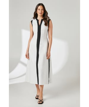 Sleeveless midi dress with striking contrast stripe detail down the centre front and back
        Elegant V-neckline with contrast trim for a sophisticated finish
        Crafted from a breathable linen-cotton blend, perfect for warm-weather comfort
        Flattering straight cut silhouette that skims the body beautifully
        Versatile midi length that hits mid-calf for a contemporary look
    
    This Principles midi dress combines timeless design with contemporary detailing for effortless daywear style. The contrast stripe creates a slimming visual effect while the clean lines and structured shape offer a polished appearance that transitions seamlessly from day to evening. Style with minimal black sandals as shown for casual gatherings, or dress up with espadrille wedges and statement earrings for alfresco dining. The breathable natural fabric blend ensures all-day comfort during warmer months, making it ideal for garden parties or weekend brunches. Layer with a lightweight cardigan when the temperature drops, or add a denim jacket for a more relaxed approach. This versatile piece works equally well for family gatherings or casual workplace settings when paired with a tailored blazer.