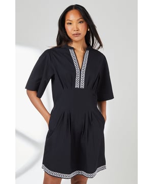 Distinctive V-neckline adorned with intricate embroidered detailing
        Flattering cinched waist design creates a feminine silhouette
        Practical side pockets perfect for everyday essentials
        Comfortable elbow-length sleeves offer versatile seasonal wear
        Crafted from 100% cotton for breathable comfort throughout the day
    
    This charming Principles dress combines effortless style with practical comfort. The eye-catching embroidered detailing along the V-neckline and hem creates a distinctive look that stands out from typical daywear options. The relaxed silhouette with its defined waistline flatters various body shapes while maintaining a casual elegance. Style with flat sandals as shown for weekend brunches or casual gatherings, or pair with canvas trainers and a denim jacket for shopping trips. The cotton fabric ensures breathability and ease of movement, making it ideal for family picnics or informal garden parties. For cooler days, layer with a lightweight cardigan and ankle boots to extend its wearability across seasons. Machine washable for convenient care, this versatile dress will quickly become a cornerstone of your casual wardrobe.