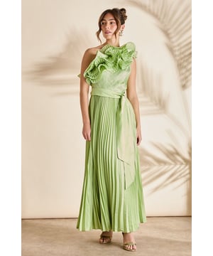 Striking one-shoulder design with dramatic ruffle detailing for a statement silhouette
        Elegant pleated skirt that flows gracefully to a maxi length
        Flattering waist tie that accentuates your figure and adds a feminine touch
        Lightweight viscose-blend fabric offering comfort and beautiful drape
        Fully lined for a smooth, sophisticated finish and perfect opacity
    
    Make an unforgettable entrance at your next special occasion in this breathtaking Coast maxi dress. The show-stopping one-shoulder design with voluminous ruffle detailing creates a captivating focal point, whilst the meticulously pleated skirt delivers graceful movement with every step. Style with delicate strappy heels and statement earrings as seen on our model for a refined ensemble perfect for summer weddings or race day events. The waist-cinching tie detail enhances your silhouette beautifully, creating an hourglass effect that flatters all figures. This sophisticated piece transitions effortlessly from daytime garden parties to evening receptions-simply switch your accessories from understated to bold as the occasion demands. The cotton-touch fabric ensures you'll remain comfortable throughout your event, whilst the maxi length offers timeless elegance that photographs beautifully.