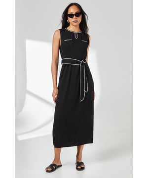 Sleek utility midi dress featuring striking contrast piping detail throughout
        Elegant crew neckline with keyhole cutout for a sophisticated touch
        Practical side pockets perfect for everyday essentials
        Matching fabric belt to define and flatter the waistline
        Versatile sleeveless design ideal for layering or wearing alone
    
    This utility-inspired midi dress combines practicality with polished style. The contrast piping detail adds visual interest to the clean silhouette, while the belted waist creates a flattering shape that works for various body types. Perfect for daytime occasions, style with flat sandals and oversized sunglasses for a casual weekend brunch, or layer with a lightweight cardigan and trainers for family gatherings. The woven viscose fabric offers comfort and breathability, making it an excellent choice for warmer days. For a more structured look, pair with a denim jacket and ankle boots as temperatures cool. The versatile design transitions effortlessly from shopping trips to casual meet-ups with friends, offering both comfort and style for your everyday wardrobe.