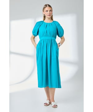 Elegant midi dress with statement puff sleeves for a contemporary silhouette
        Flattering waistband detail that accentuates your natural shape
        Practical side pockets for everyday convenience
        Soft cotton-linen blend fabric offering breathable comfort throughout the day
        Versatile crew neckline with subtle gathering detail for added dimension
    
    This charming Principles midi dress combines effortless style with practical design elements. The distinctive puff sleeves create a feminine shape whilst the defined waistband cinches in to create a flattering silhouette. Perfect for daytime occasions, style with flat sandals as shown for a relaxed garden party look, or dress up with espadrille wedges for alfresco dining. The natural fabric blend ensures comfort during warmer weather, whilst the midi length offers versatility for various settings. Layer with a lightweight denim jacket for cooler evenings or pair with a woven tote and statement earrings for weekend brunches. The relaxed fit and practical pockets make this an ideal choice for family gatherings or casual outings where style and comfort are equally important.
