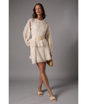 Long Sleeve Tiered Skirt Mini Dress With Belt