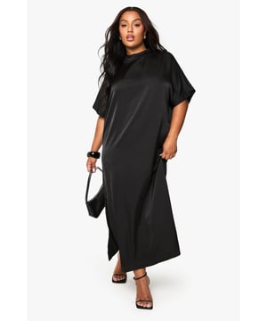 Luxurious satin finish that catches the light beautifully as you move
        Relaxed t-shirt style with short sleeves for effortless comfort
        Elegant midaxi length offering sophisticated coverage
        Clean, minimalist design perfect for accessorising to your taste
        Versatile silhouette that flatters curves with a gentle drape
    
    This satin midaxi t-shirt dress combines understated elegance with contemporary comfort. The relaxed fit skims your curves whilst the lustrous fabric adds a touch of glamour to your evening repertoire. Style with strappy heels and a compact handbag as seen on our model for a night out in the city. The simple design makes it ideal for showcasing statement jewellery - think bold earrings or layered necklaces to transform your look. For cooler evenings, throw on a cropped jacket or an oversized blazer. This dress transitions seamlessly from drinks with the girls to dancing the night away, offering both comfort and style that doesn't compromise on sophistication. The midaxi length strikes the perfect balance between allure and elegance, making this a true wardrobe hero for your going-out collection.