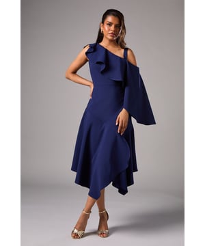 Striking one-shoulder design with elegant ruffle detail
        Flattering midi length with asymmetrical hemline
        Crafted from lightweight, flowing crepe fabric
        Figure-enhancing silhouette with a fitted bodice
        Versatile petite fit, perfect for various formal occasions
    
    Make a lasting impression at your next special event with this captivating one-shoulder midi dress. The asymmetrical neckline adorned with a cascading ruffle adds a touch of drama and sophistication to your ensemble. The dress's fluid crepe fabric drapes beautifully, creating an effortlessly elegant look that moves gracefully with every step. The fitted bodice accentuates your figure, while the midi length and asymmetrical hemline offer a modern twist on classic occasion wear. Style this versatile piece with strappy metallic heels and statement earrings for a wedding or pair it with sleek court shoes and a clutch for a day at the races. For cooler evenings, drape a tailored blazer over your shoulders to complete your refined look. This dress is a true wardrobe staple that will see you through countless formal events with timeless grace.