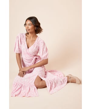 Pink Floral Puff Sleeve Wrap Front Midi Dress