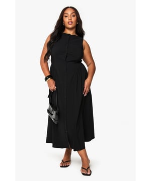 Sleeveless midi skater dress with full button-through front design
        Flattering round neckline and cinched waist silhouette
        Bengaline fabric offers comfortable stretch with structured drape
        Versatile A-line skirt that falls to mid-calf length
        Inclusive plus-size design that celebrates curves with a timeless silhouette
    
    This effortlessly chic midi skater dress combines comfort and style for your everyday wardrobe. The button-through design creates a classic look that can be styled multiple ways-wear fully buttoned for a polished appearance or leave the top or bottom buttons undone for a more relaxed feel. The cinched waist defines your figure beautifully while the flowing A-line skirt creates graceful movement as you walk. Perfect for casual gatherings, pair with flat sandals and a crossbody bag as shown for daytime events, or dress up with block heels and statement jewellery for evening drinks. The versatile design works brilliantly for family gatherings or weekend brunches, and the Bengaline fabric ensures the dress maintains its shape throughout the day while offering comfortable wear. A true Boohoo essential that transitions seamlessly between seasons with the right accessories.
