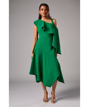 Striking one-shoulder design with elegant ruffle detail
        Flattering midi length with asymmetrical hemline
        Crafted from lightweight, flowing crepe fabric
        Figure-enhancing silhouette with a fitted bodice
        Versatile petite fit, perfect for various formal occasions
    
    Make a lasting impression at your next special event with this captivating one-shoulder midi dress. The asymmetrical neckline adorned with a cascading ruffle adds a touch of drama and sophistication to your ensemble. The dress's fluid crepe fabric drapes beautifully, creating an effortlessly elegant look that moves gracefully with every step. The fitted bodice accentuates your figure, while the midi length and asymmetrical hemline offer a modern twist on classic occasion wear. Style this versatile piece with strappy metallic heels and statement earrings for a wedding or pair it with sleek court shoes and a clutch for a day at the races. For cooler evenings, drape a tailored blazer over your shoulders to complete your refined look. This dress is a true wardrobe staple that will see you through countless formal events with timeless grace.