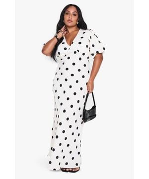 Flattering V-neckline that frames the dcolletage beautifully
        Soft jersey fabric that drapes elegantly against the body
        Flutter sleeves adding a feminine touch to the silhouette
        Floor-sweeping maxi length for dramatic impact
        Classic polka dot pattern that never goes out of style
    
    Make a statement at your next evening out with this eye-catching polka dot maxi dress from Boohoo. The flowing jersey fabric creates a comfortable yet striking silhouette that moves gracefully as you walk, while the V-neckline adds a touch of allure. Style with strappy heels and a compact handbag for drinks with the girls, or dress it up with statement jewellery and a sleek clutch for more formal gatherings. The versatile design transitions effortlessly from daytime brunches to evening cocktails - simply switch your accessories to transform your look. Perfect for those who want to combine comfort with head-turning style, this dress will quickly become your go-to piece for nights on the town when you want to feel confident and fashion-forward.