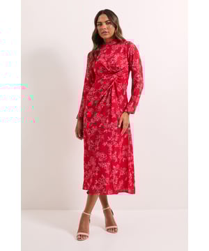Floral High Neck Ruched Side Midi Dress