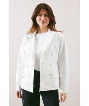 Crafted from cotton denim for a structured yet comfortable feel
        Double-breasted design with statement buttons for a sophisticated touch
        Notched lapel collar adds classic tailoring elements
        Functional front pockets provide practical storage
        Versatile cut that can be dressed up or down for various occasions
    
    This Wallis denim blazer brilliantly bridges the gap between casual and refined dressing. The structured silhouette offers a flattering fit whilst maintaining comfort for all-day wear. Style as seen with a simple white top and wide-leg trousers for an effortlessly chic daytime look, or pair with a midi dress and ballet flats for family gatherings. For a more contemporary approach, layer over a printed blouse with tailored trousers and loafers. The versatile nature of denim makes this blazer an excellent choice for transitional weather, working beautifully as a lightweight jacket alternative. Perfect for the woman who appreciates sophisticated style with a relaxed edge, this blazer will quickly become a cornerstone piece in your wardrobe rotation.