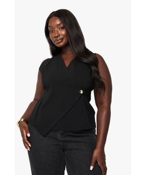 Sleeveless wrap design with sophisticated V-neckline
        Elegant gold-tone button detail at the waist for a touch of glamour
        Flattering asymmetric wrap front that creates visual interest
        Structured silhouette that enhances your curves
        Versatile sleeveless style perfect for layering or wearing alone
    
    Make a statement in this chic wrap waistcoat that combines sophistication with contemporary style. The asymmetric design with its distinctive gold button detail creates a flattering silhouette that works wonderfully for evening occasions. Style with wide-leg trousers as shown for a polished night-out ensemble, or pair with a fitted skirt for an alternative look that commands attention. Add statement gold jewellery to complement the luxe button detail and finish with strappy heels for drinks with the girls. This versatile piece transitions effortlessly from after-work cocktails to weekend club nights, ensuring you stand out for all the right reasons. The sleeveless design also makes it ideal for warmer evenings or layering under a tailored blazer when the temperature drops.