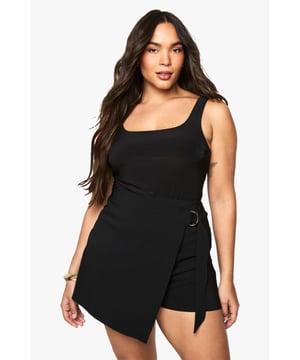 Stylish wrap-front skort design combining the look of a skirt with the practicality of shorts
        Sleek square neckline and flattering thick straps for comfortable support
        Distinctive buckle detail adds contemporary edge to this versatile piece
        Asymmetric wrap overlay creates a flattering silhouette
        Bengaline fabric offers a smooth finish with gentle stretch for comfort and movement
    
    Make a statement on your next night out with these fashion-forward wrap skorts. The clever design combines shorts with an asymmetric overlay for a look that's both practical and chic. The square neckline frames your dcolletage beautifully, while the buckle detail adds interest to the wrap design. Style with strappy heels and statement jewellery for drinks with the girls, or dress down with chunky trainers and an oversized blazer for casual drinks. The versatile design transitions effortlessly from day to night - simply switch up your accessories to suit the occasion. Perfect for dancing the night away with the confidence of shorts but the elegance of a skirt.