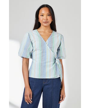 Elegant wrap design with side tie fastening for an adjustable fit
        Charming puff sleeves add a touch of feminine flair
        Flattering V-neckline frames the dcolletage beautifully
        Vertical stripe pattern creates a slimming visual effect
        Lightweight woven fabric perfect for warm-weather styling
    
    This Principles wrap top combines timeless style with contemporary details. The puff sleeves create a balanced silhouette while the wrap design cinches at the waist for a figure-flattering effect. Style with wide-leg denim trousers and leather sandals for casual daytime outings, or pair with tailored linen trousers and espadrilles for family gatherings. The versatile design works wonderfully with a straw handbag for a complete summer look. For cooler days, layer under a lightweight cardigan or denim jacket without compromising on style. This top transitions effortlessly from weekend brunches to casual office settings when paired with smart trousers and ballet flats. A wardrobe essential that offers both comfort and sophistication for your everyday rotation.