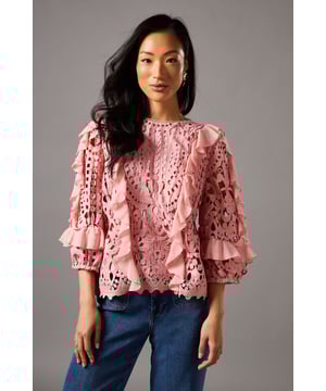 Intricate lace pattern with floral motifs
        Voluminous frill sleeves for a romantic touch
        Round neckline with delicate scalloped edges
        Keyhole back closure for an elegant finish
        Versatile design suitable for various formal occasions
    
    Embrace sophistication with this exquisite lace frill sleeve top from Coast. The intricate lace pattern, adorned with delicate floral motifs, creates a luxurious and feminine aesthetic. The voluminous frill sleeves add a touch of romance and drama, perfect for those seeking a statement piece. Pair this top with the matching lace shorts for a coordinated ensemble that exudes elegance and refinement. Ideal for weddings, race days, or sophisticated garden parties, this versatile piece can be styled to suit a range of formal events. Complete your look with strappy metallic heels and statement earrings to enhance the top's ornate design. For a more understated approach, team it with tailored trousers and classic court shoes. This Coast top is a testament to timeless style, ensuring you'll stand out at any occasion with grace and poise.