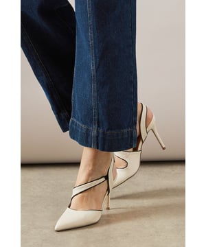 Striking asymmetric strap design with elegant contrast piping detail
        Pointed toe silhouette for a sophisticated finish
        Comfortable high heel measuring between 7-9cm
        Secure ankle strap with adjustable fastening
        Faux leather finish with smooth synthetic lining
    
    The Evie court shoe from Wallis combines contemporary design with timeless elegance. The distinctive asymmetric strap creates visual interest while the contrast piping adds a refined touch to this versatile heel. Perfect for daytime sophistication, pair with tailored trousers and a crisp blouse for work meetings, or style with a flowing midi skirt for family gatherings. The pointed toe elongates the leg whilst the secure ankle strap provides stability and comfort throughout the day. These courts transition beautifully from office to dinner, offering the glamour Wallis is known for without compromising on comfort. The neutral tone works effortlessly with your existing wardrobe, making these shoes an essential addition to your collection that will serve you well for casual events and stylish daywear occasions.