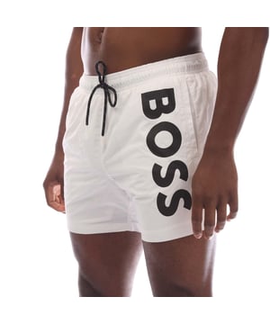 Mens Hugo Boss Octopus Swim Shorts in white.- Elasticated drawstring waistband with aglet tips.- Hand pockets.- Back pocket.- Inner mesh brief lining.- Vertical logo in contrast.- Quick-drying fabric with full lining.- 100% Polyester (Recycled).- Ref: 50515296100