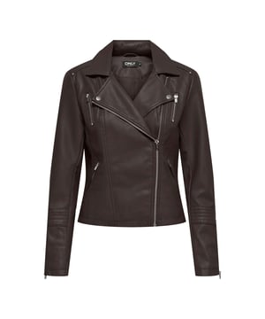 Womens Only Gemma Faux Leather Biker Jacket in chocolate torte- Classic collar with notch lapel.- Asymmetric zip fastening.- Snap fastening at lapels.- Stitch detail at shoulders and sleeves.- Zipped cuffs.- Zipped front pockets.- Mock zipped chest pockets.- Fully lined. - Measurement from shoulder to hem: 20in approximately. - Shell: 75% Viscose  25% Polyester.  Coating: Polyurethane.  Lining: 100% Polyester. Machine washable. - Ref: 15153079Measurements are intended for guidance only.