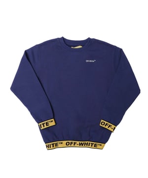 Juniors Off-White Logo Industrial Crewneck Sweatshirt in marineblauw.- Geribde crewneck.- Wit Off-White™ logo op voorzijde.- Gele elastische manchetten met zwart Off-White™ logo.- Gele elastische tailleband met zwart Off-White™ logo.- 100% Katoen.- Ref: OBBA0040014618